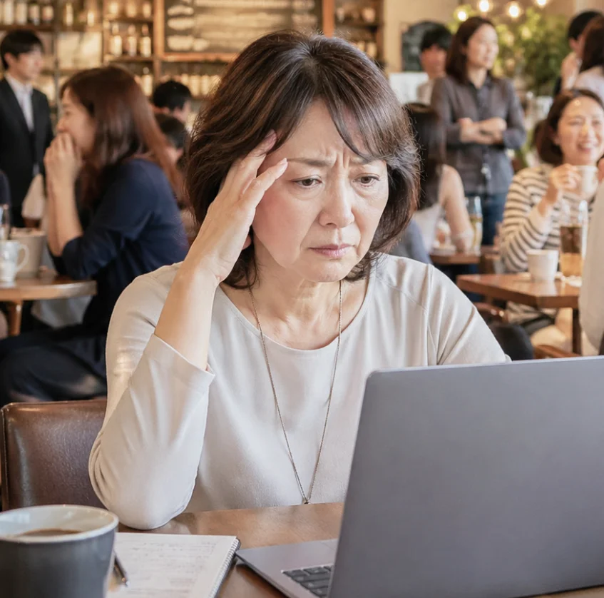 カフェでパソコン作業をする女性